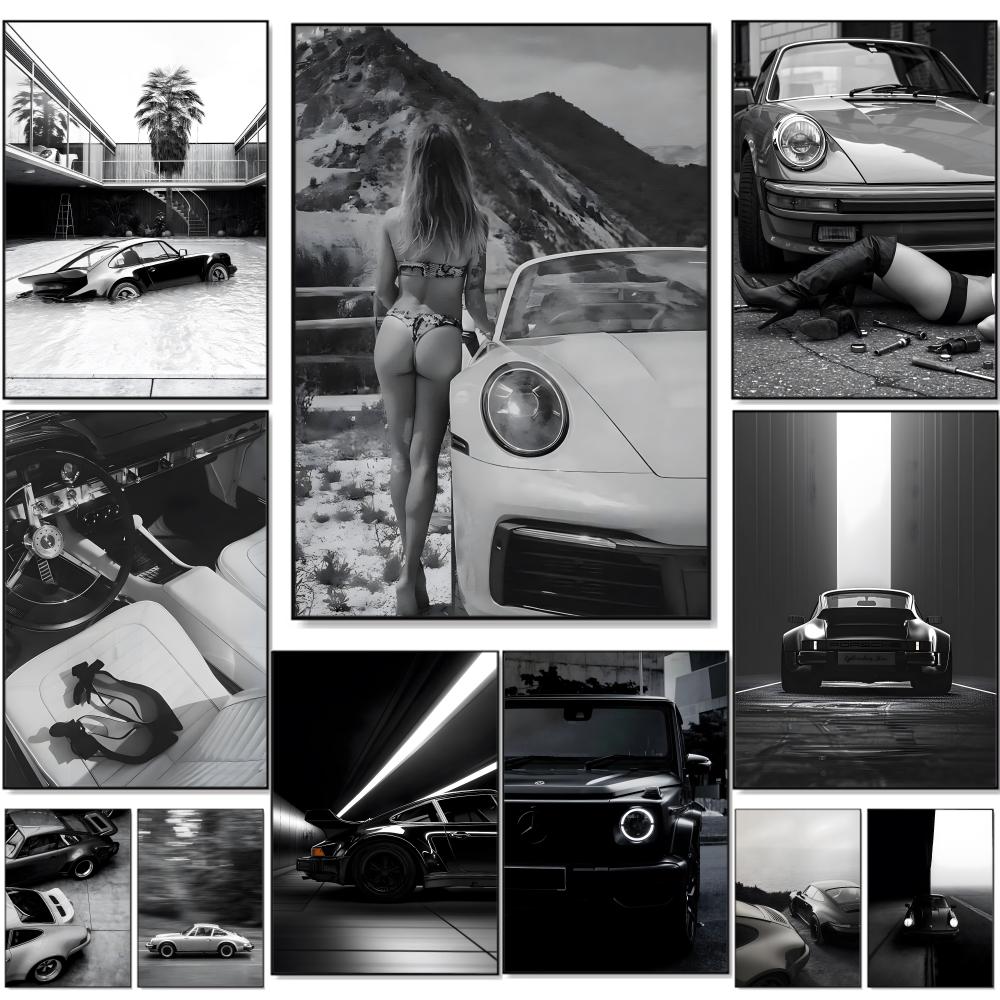 Photography Art - Black white Luxury Sports Car Painting