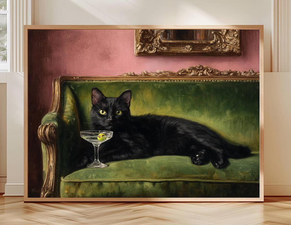 Photography Art - Black Cat Martini Oil Painting Print