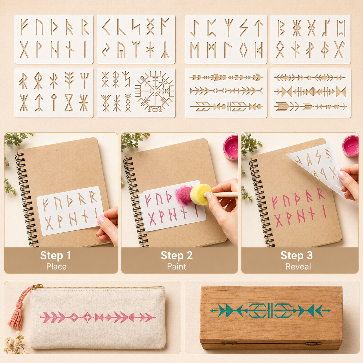 8Pcs Viking Rune Stencils Reus - Photography Angle ulasan dan harga
