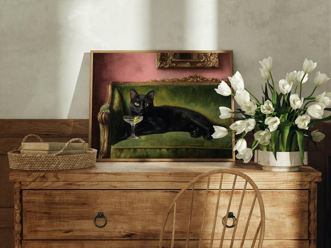 Black Cat Martini Oil Painting - Photography Art ulasan dan harga